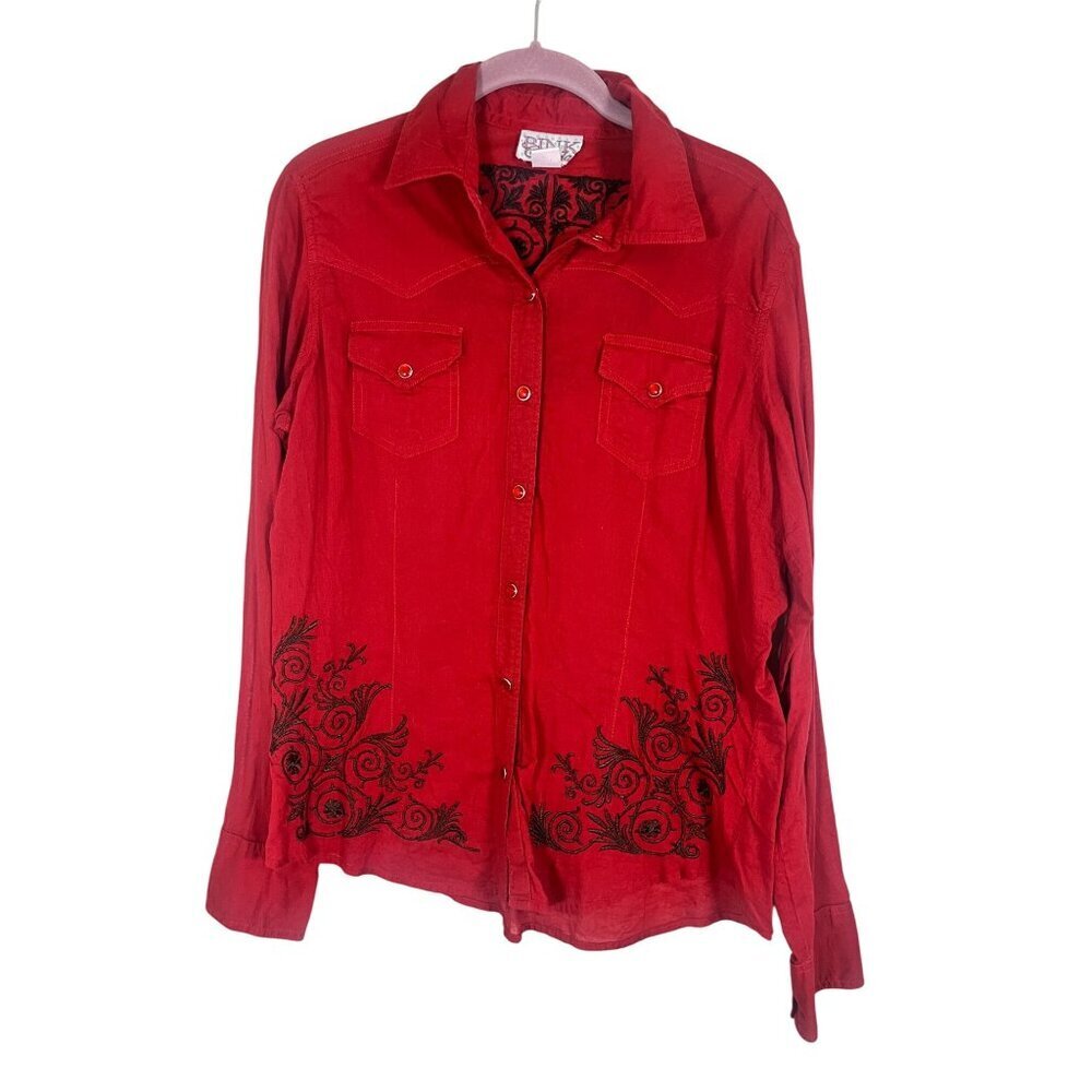 Retro Western Pearl Snap L Red Floral Embroidery Cowgirl Country Farm Metallic